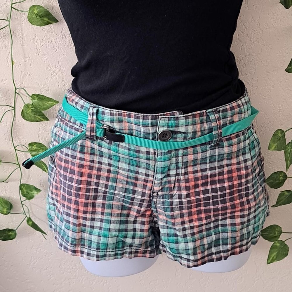 Vintage 2000's Preppy Plaid Checkered Bright Green, Teal, Blue & Orange Shorts
